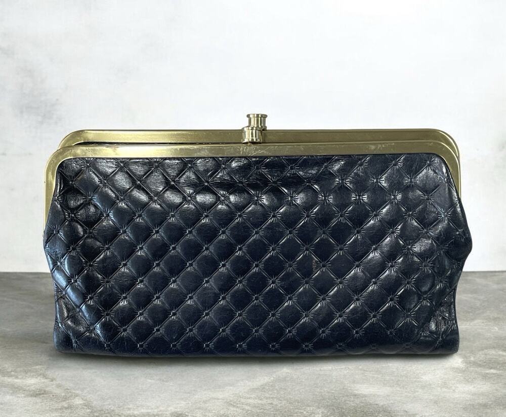 HOBO The Original 'Lauren' Double Frame Clutch Wallet Black Quilted Gold Toned